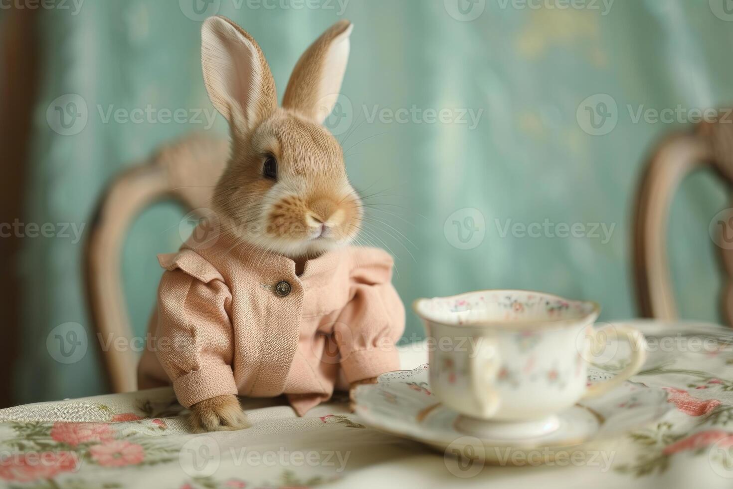 Elegant rabbit in suit enjoying tea time photo