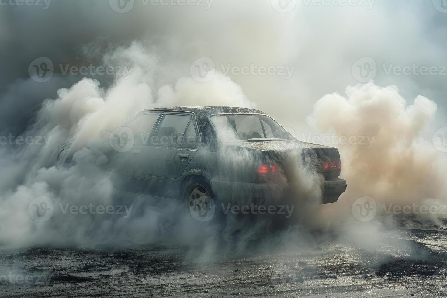 Car shrouded in smoke on abandoned lot photo