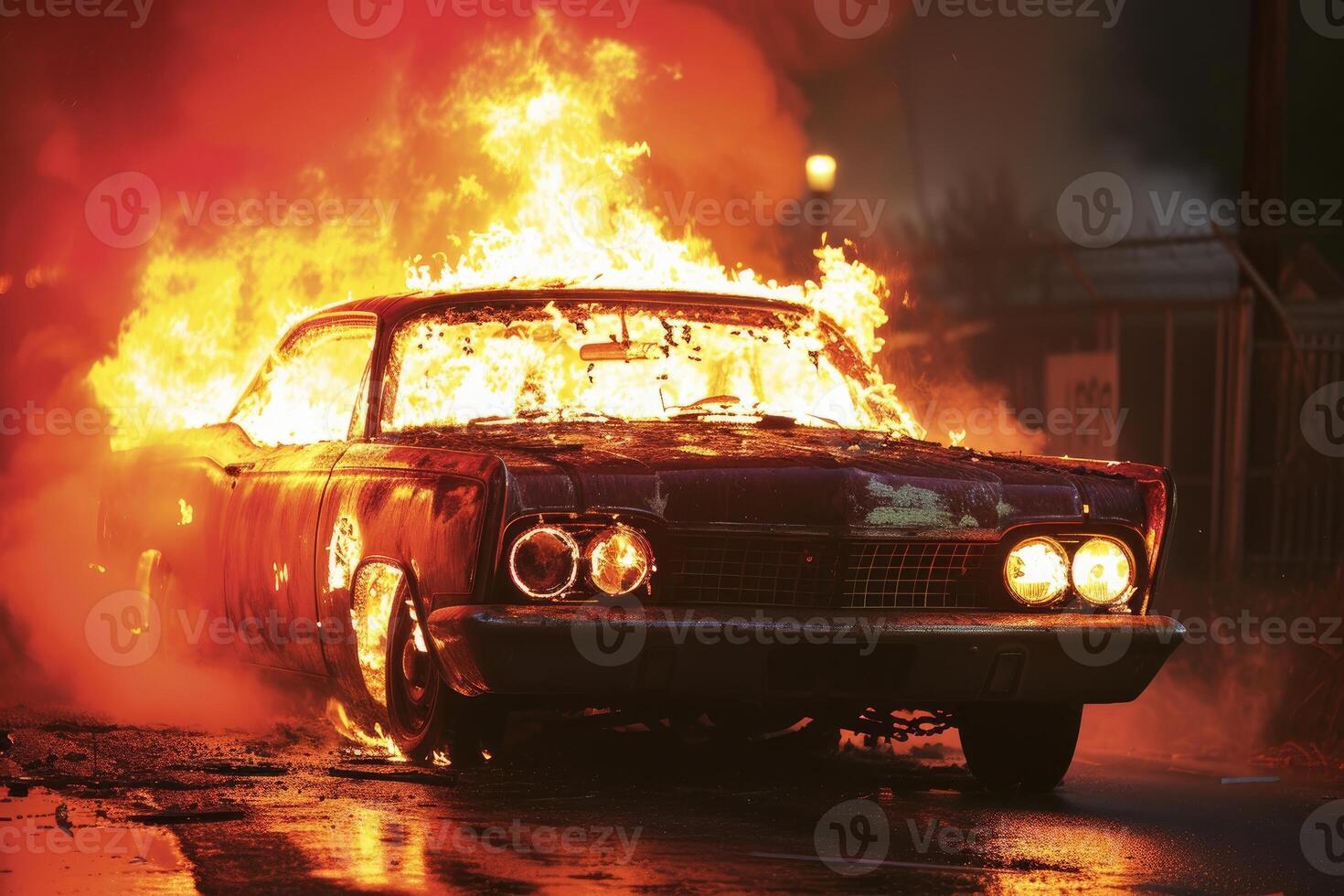 Vintage car engulfed in flames at night photo