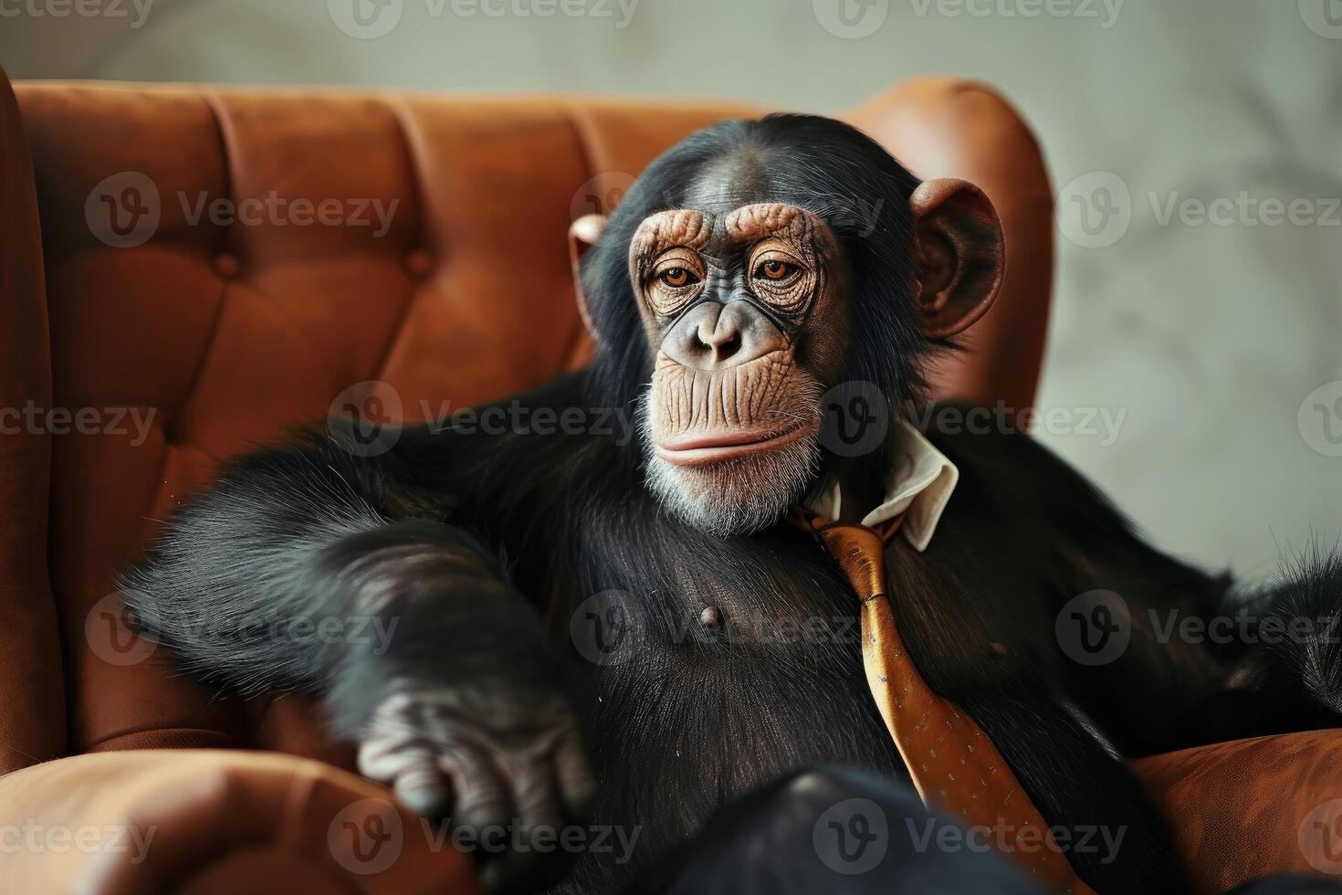 Business chimpanzee in a tie relaxing on a sofa photo