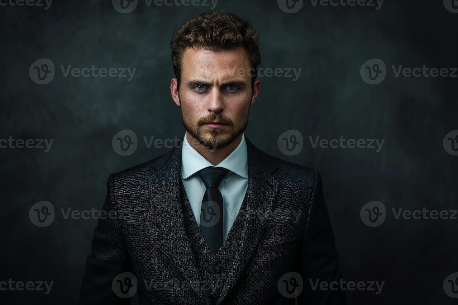 Serious young man in formal attire posing with a dark background photo