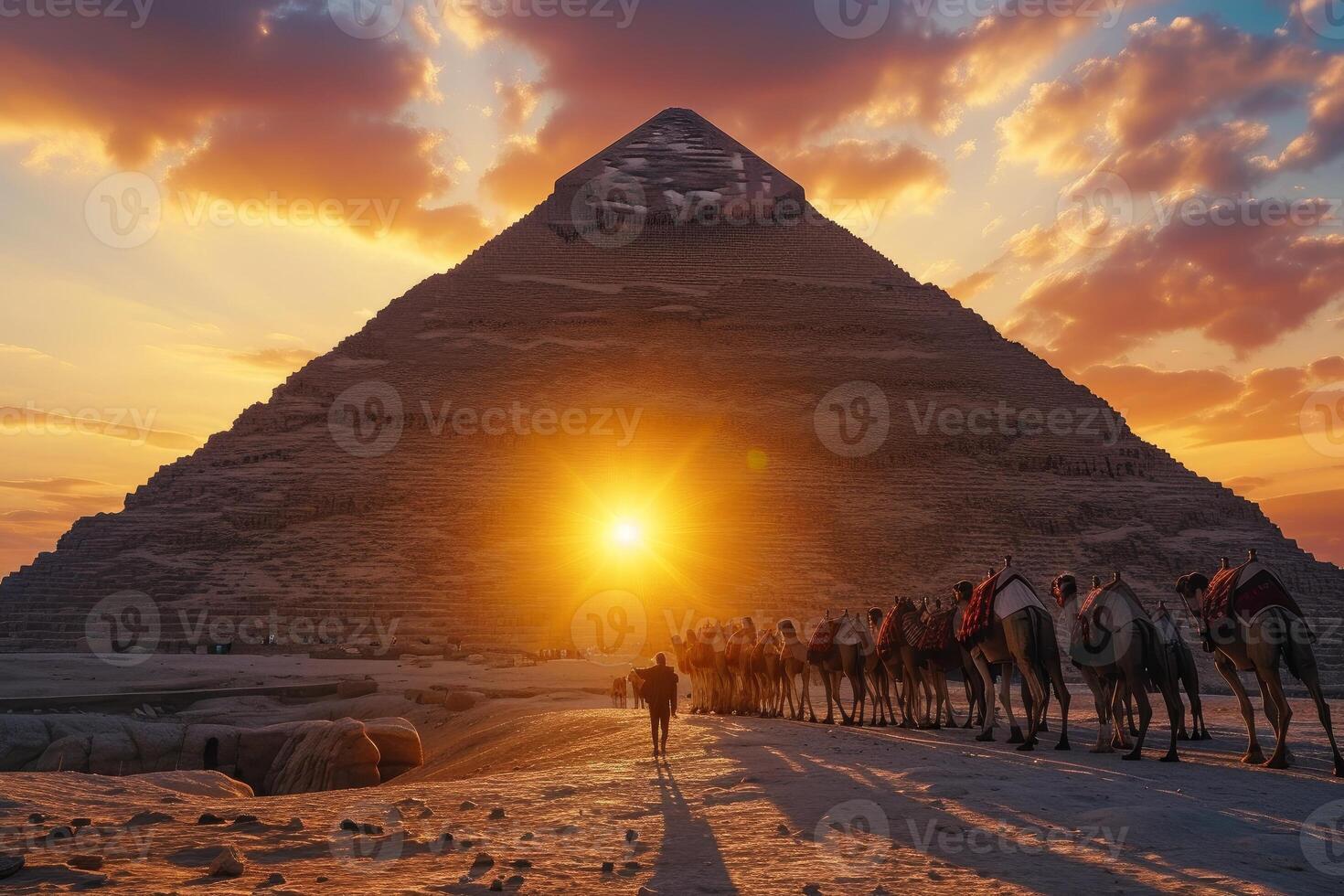 Majestic sunset at the great pyramid of giza with camel caravan photo