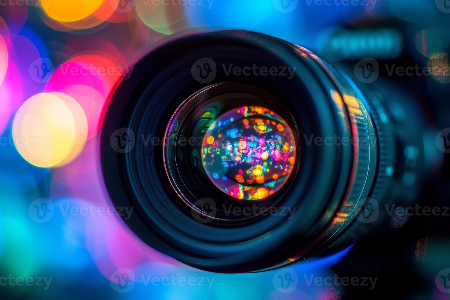 Camera lens with colorful bokeh lights photo
