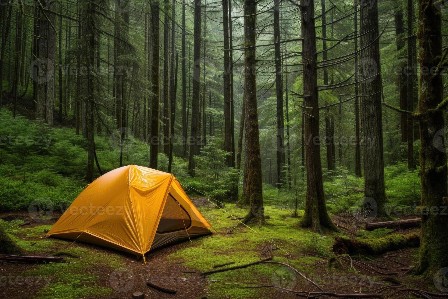 Tranquil and serene forest camping scene with lush greenery. Yellow tent. And mossy ground photo