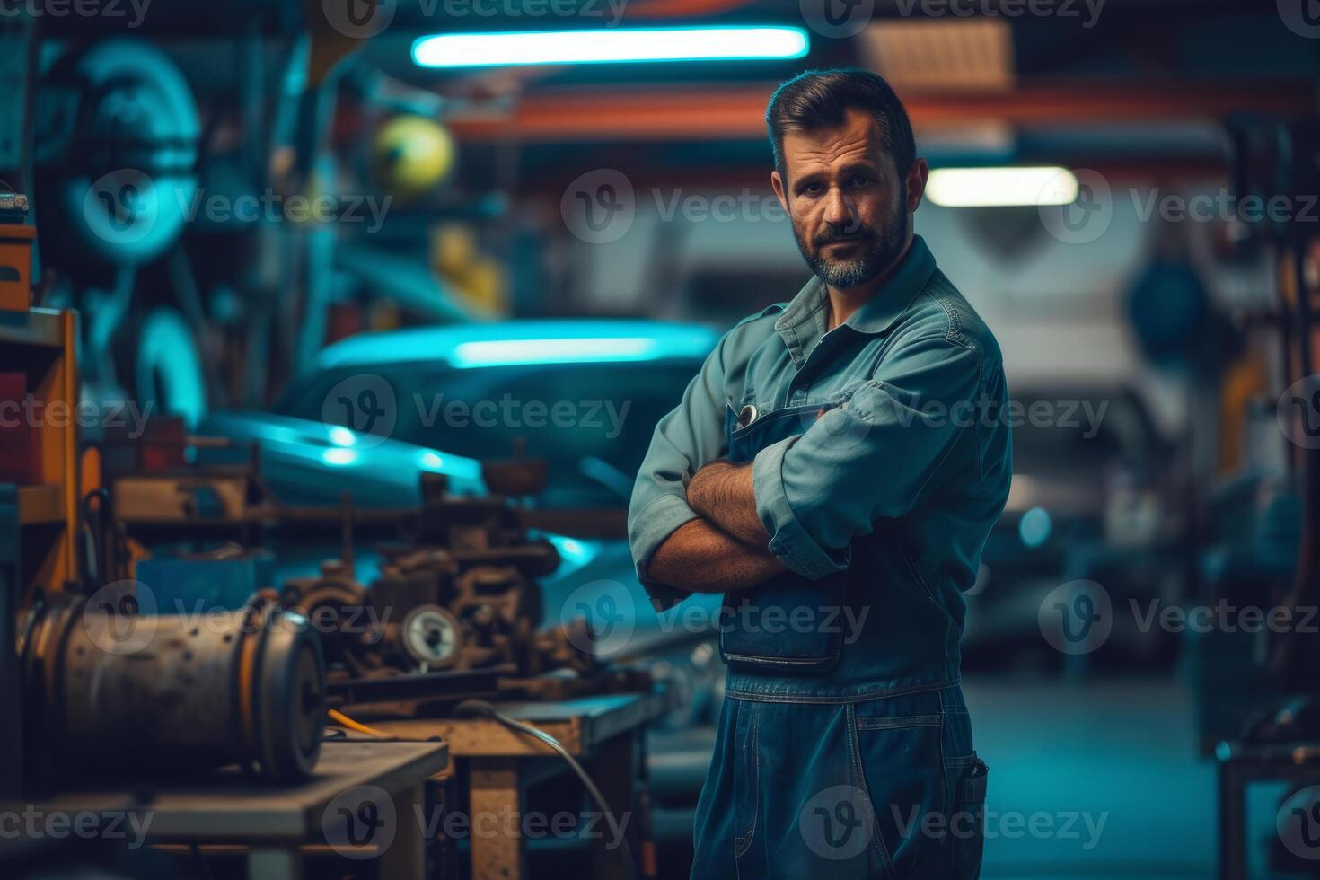 Portrait of a skilled mechanic standing with arms crossed in a dimly lit garage photo