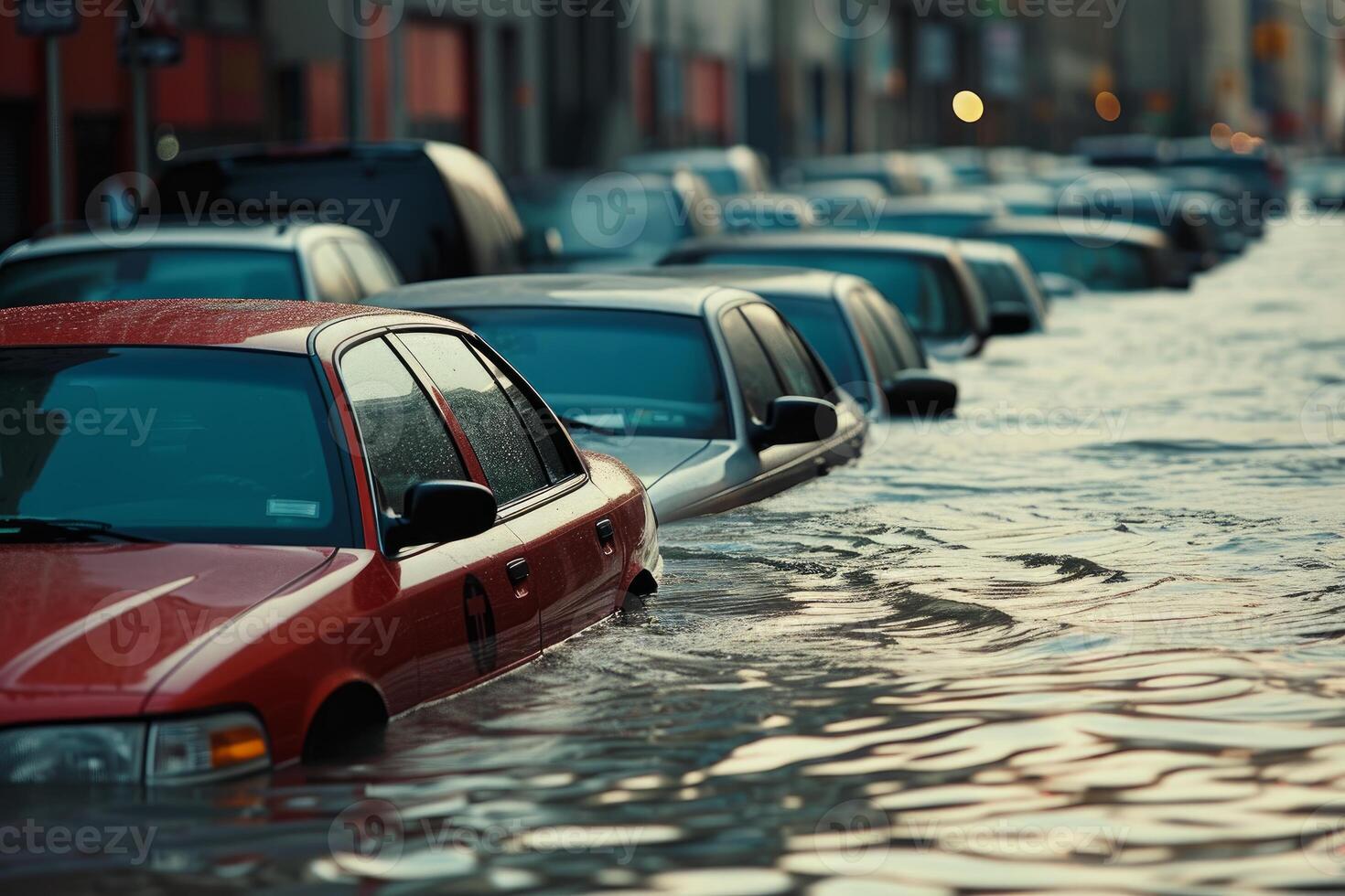 Vehicles submerged in water due to severe urban flooding photo