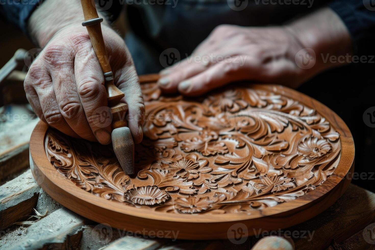 Artisan carving a wooden floral pattern photo