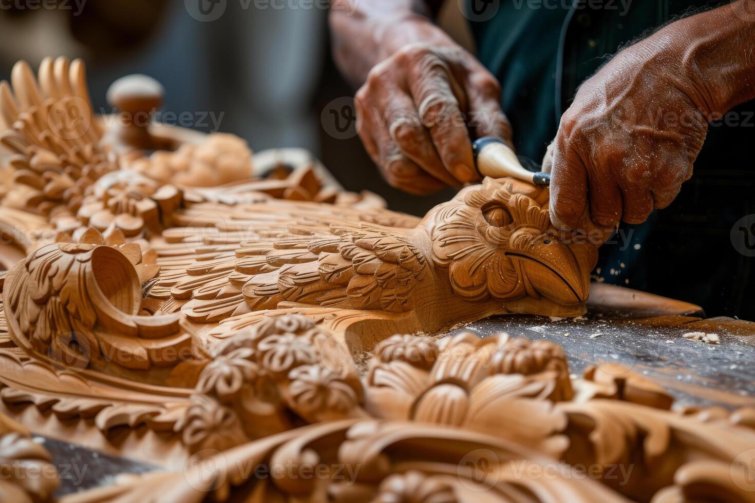Master artisan carving intricate wooden sculpture photo