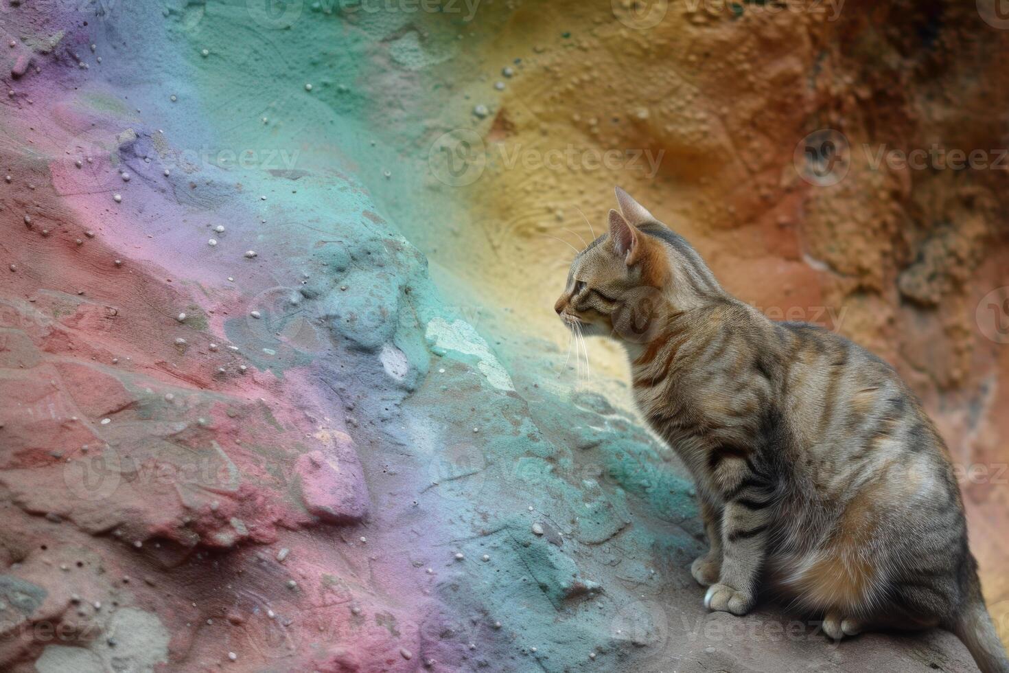 Curious cat on colorful rock formation photo