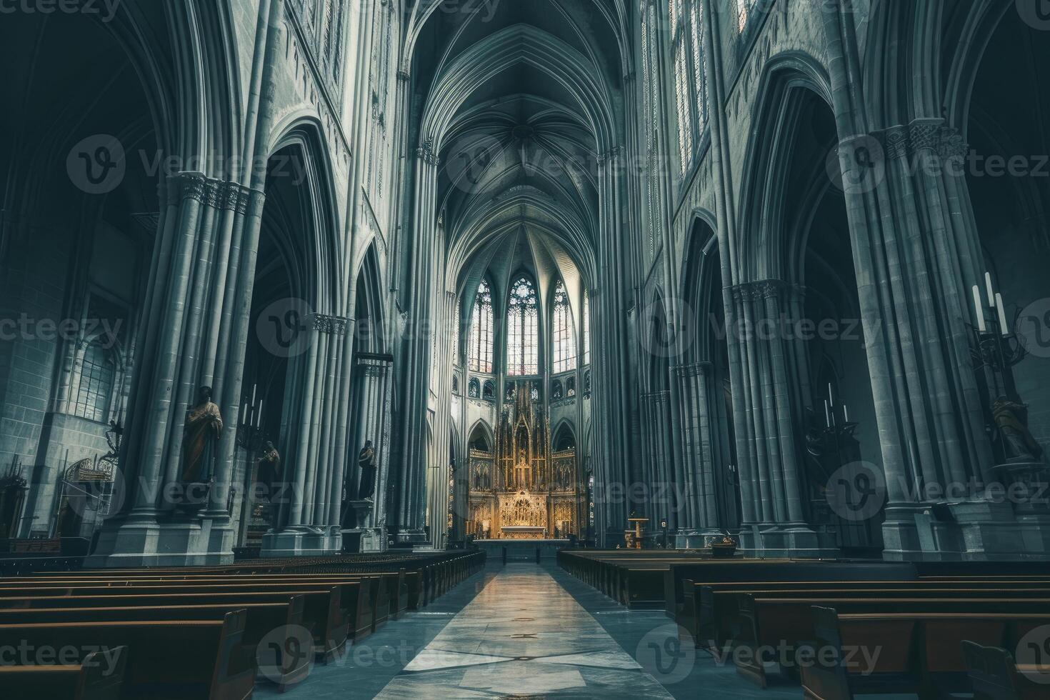 Panoramic view of a grand gothic cathedral's interior, highlighting architectural elegance photo