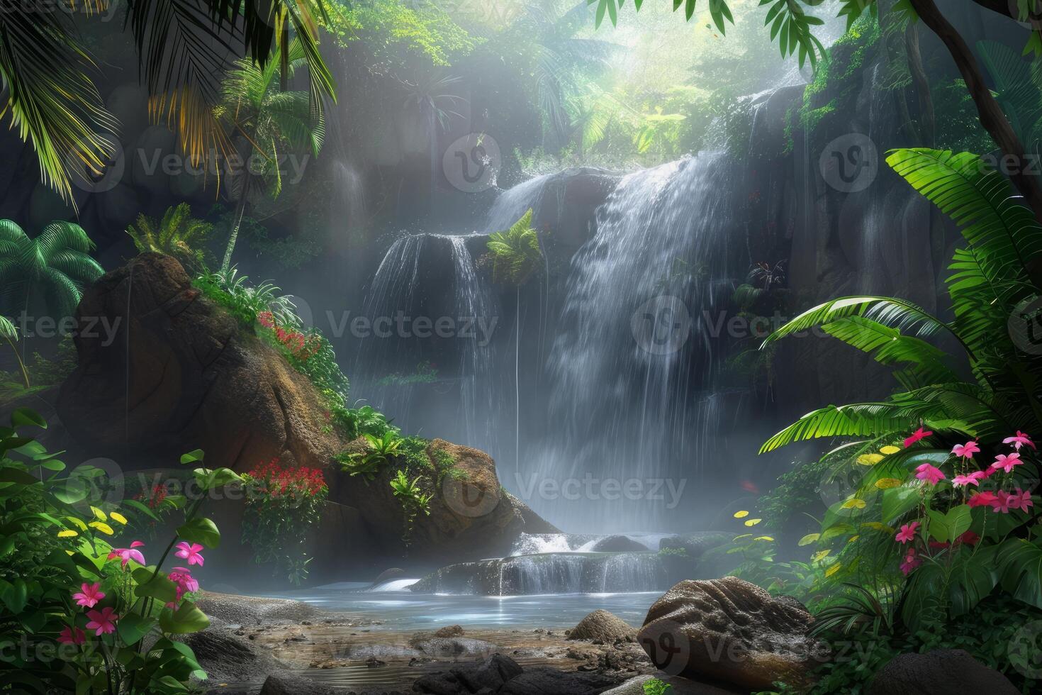 Serene waterfall cascades into a tranquil pool surrounded by lush greenery and vibrant flowers photo