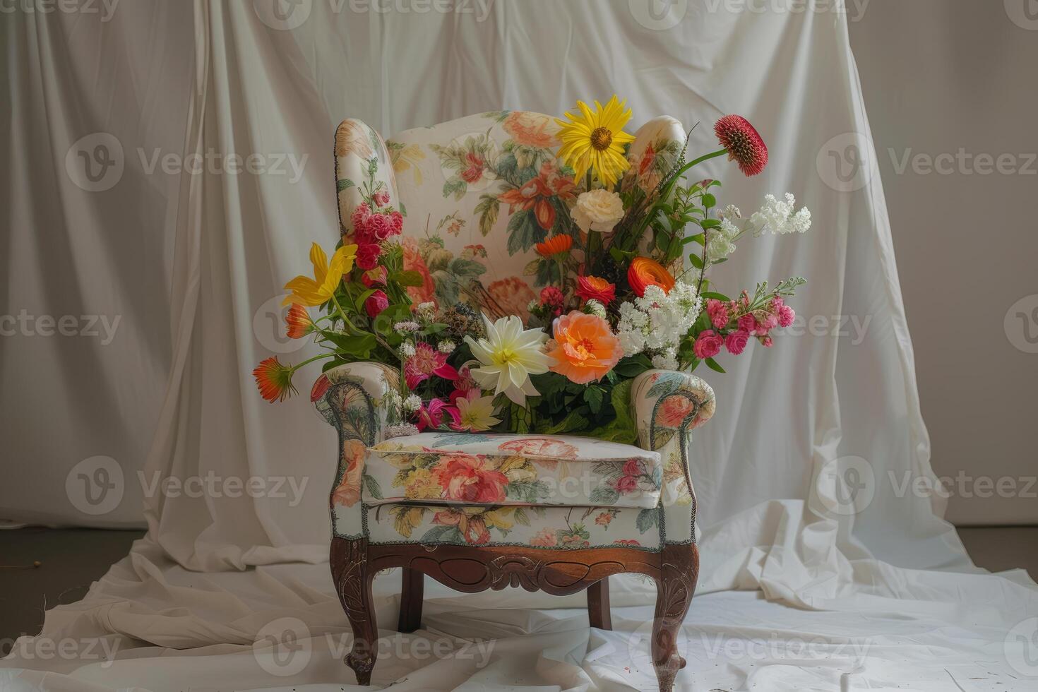 Elegant antique chair overflowing with a vibrant arrangement of fresh flowers against a draped white backdrop photo