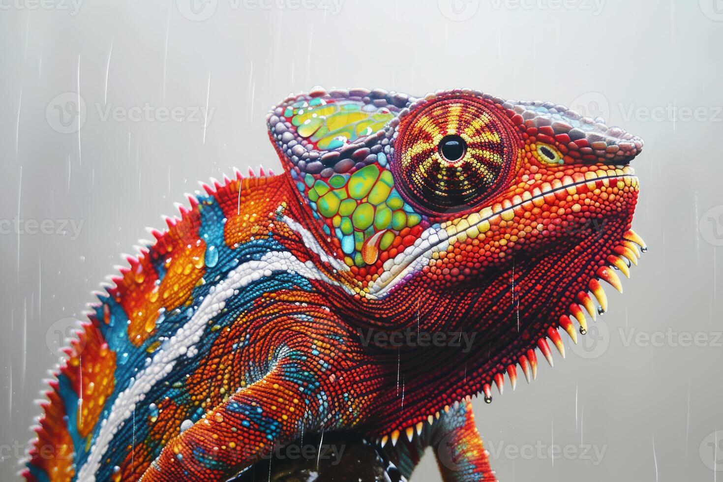 Colorful mosaic chameleon in rain photo