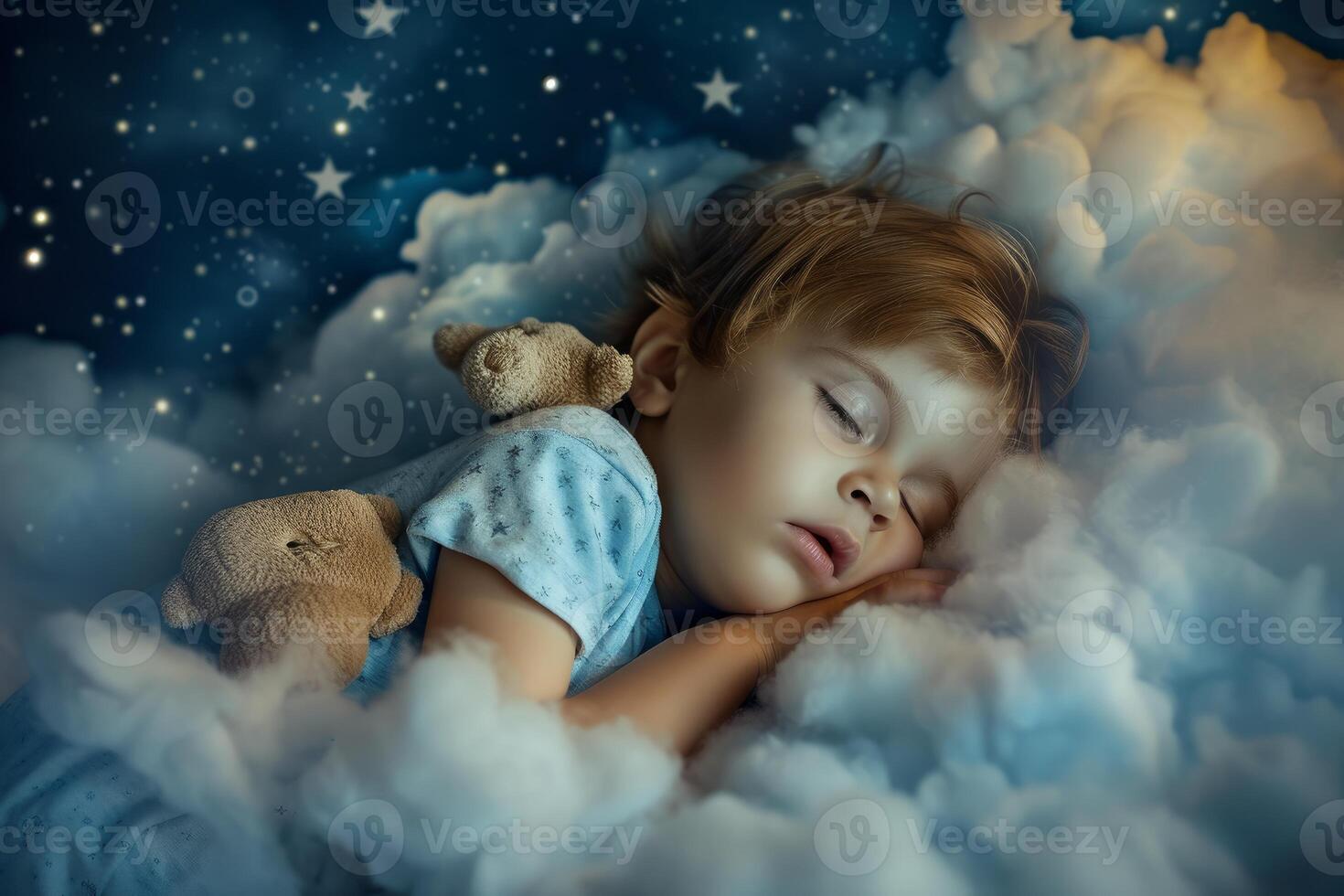 Tranquil child sleeping amongst stars and clouds photo