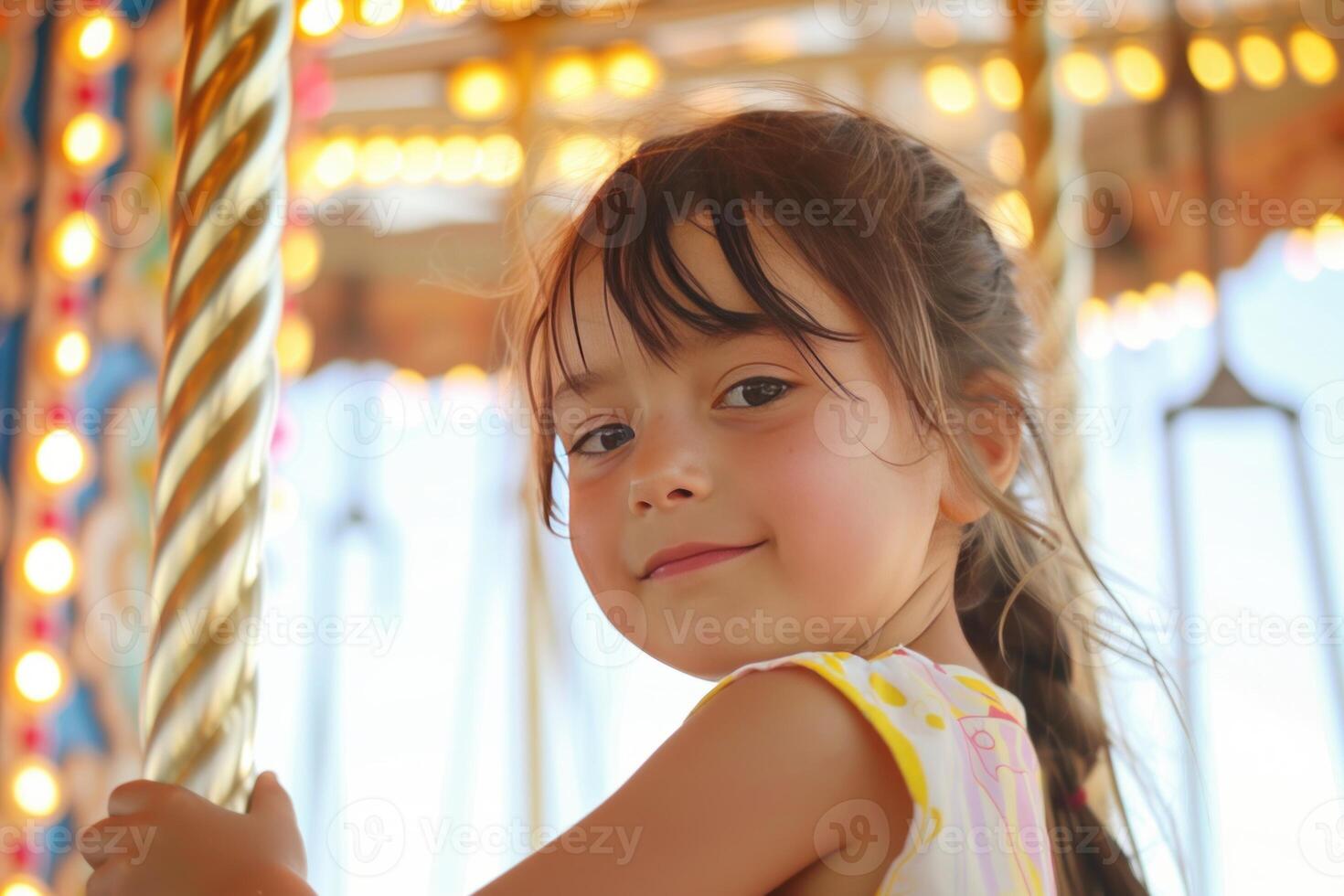 Joyful girl on carousel ride photo