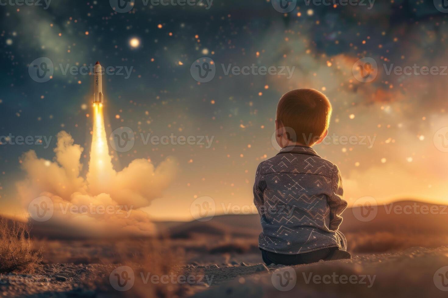 Child watching space rocket launch at dusk photo