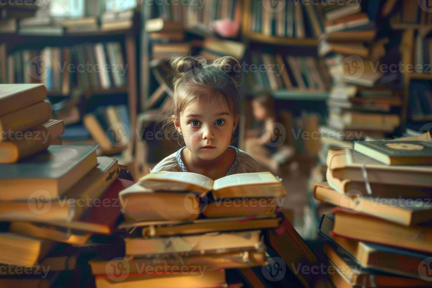 Young girl surrounded by piles of books photo
