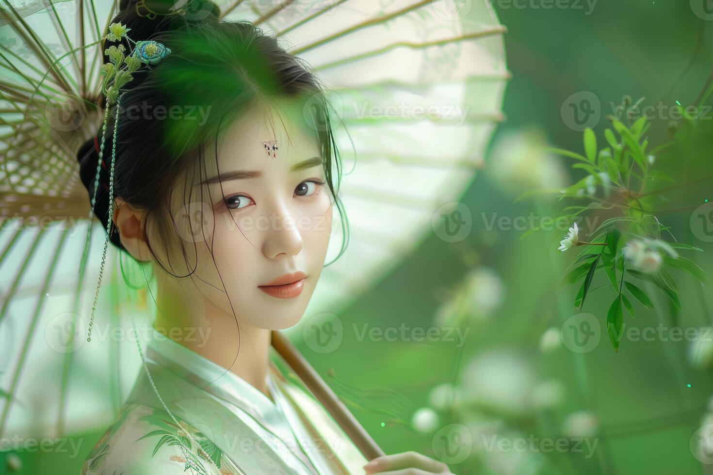 Enchanting asian woman with traditional umbrella photo