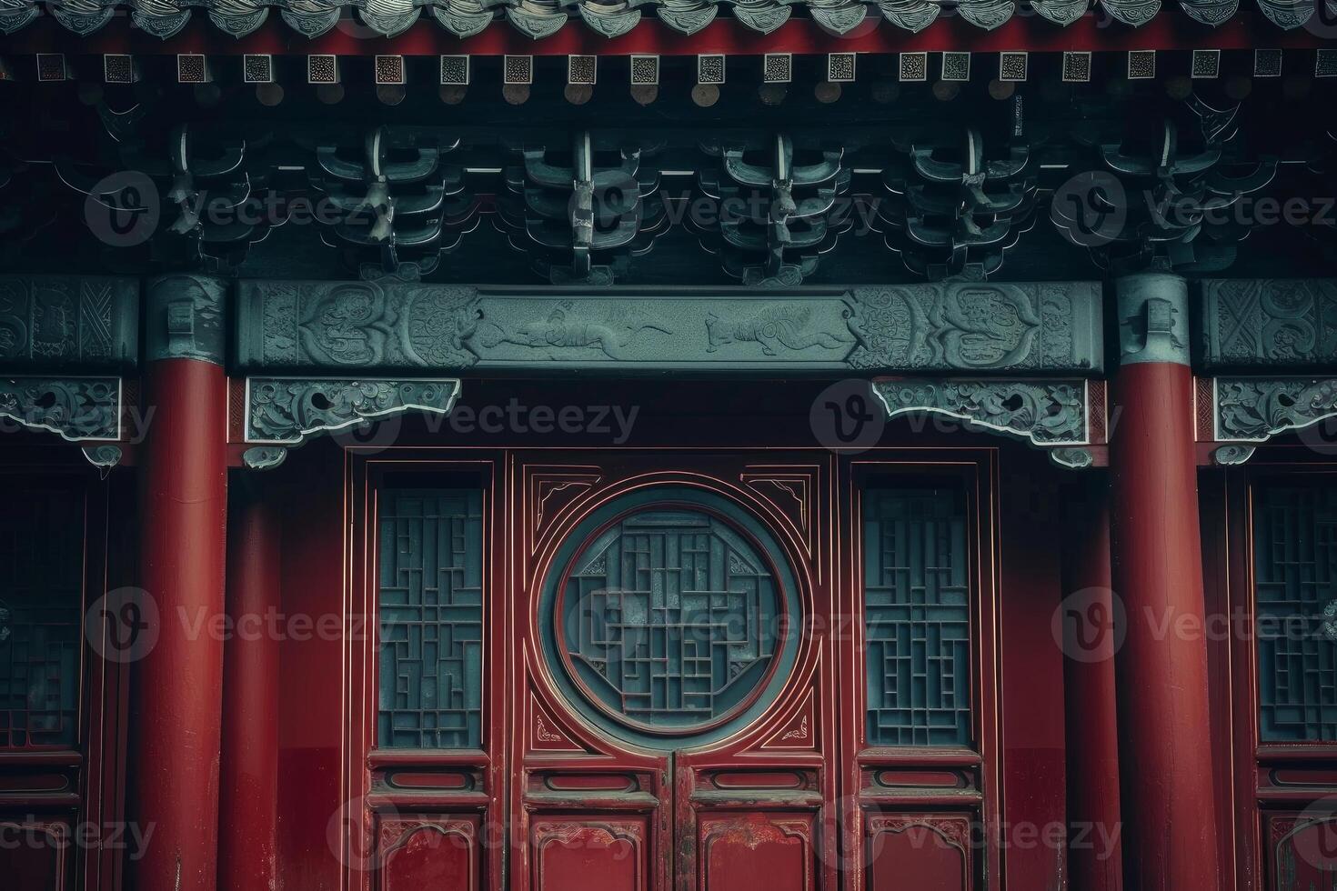 Closeup of classic chinese architecture showcasing ornate wooden doors and intricate carvings photo