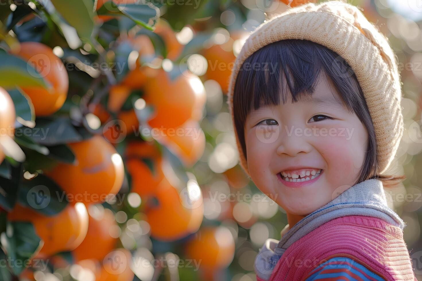 Joyful child picking oranges in orchard photo