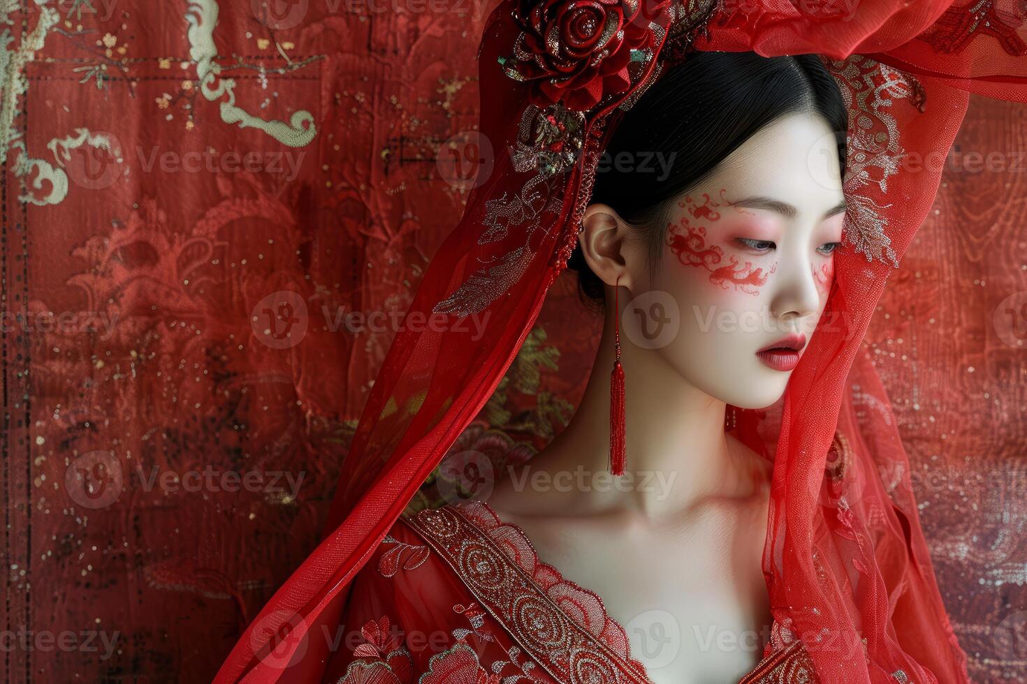 Elegant woman in traditional red attire with floral motifs photo