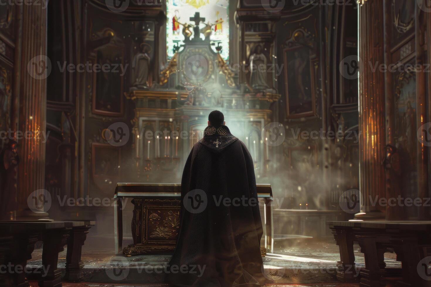 Mysterious figure praying in ornate church photo