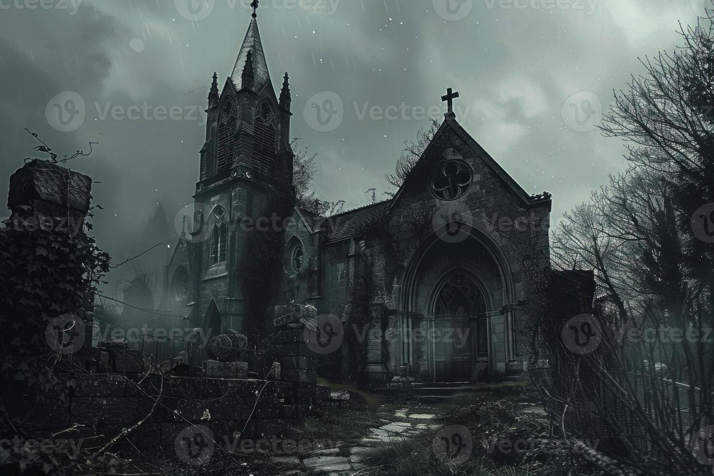 Mysterious gothic church on a rainy night photo