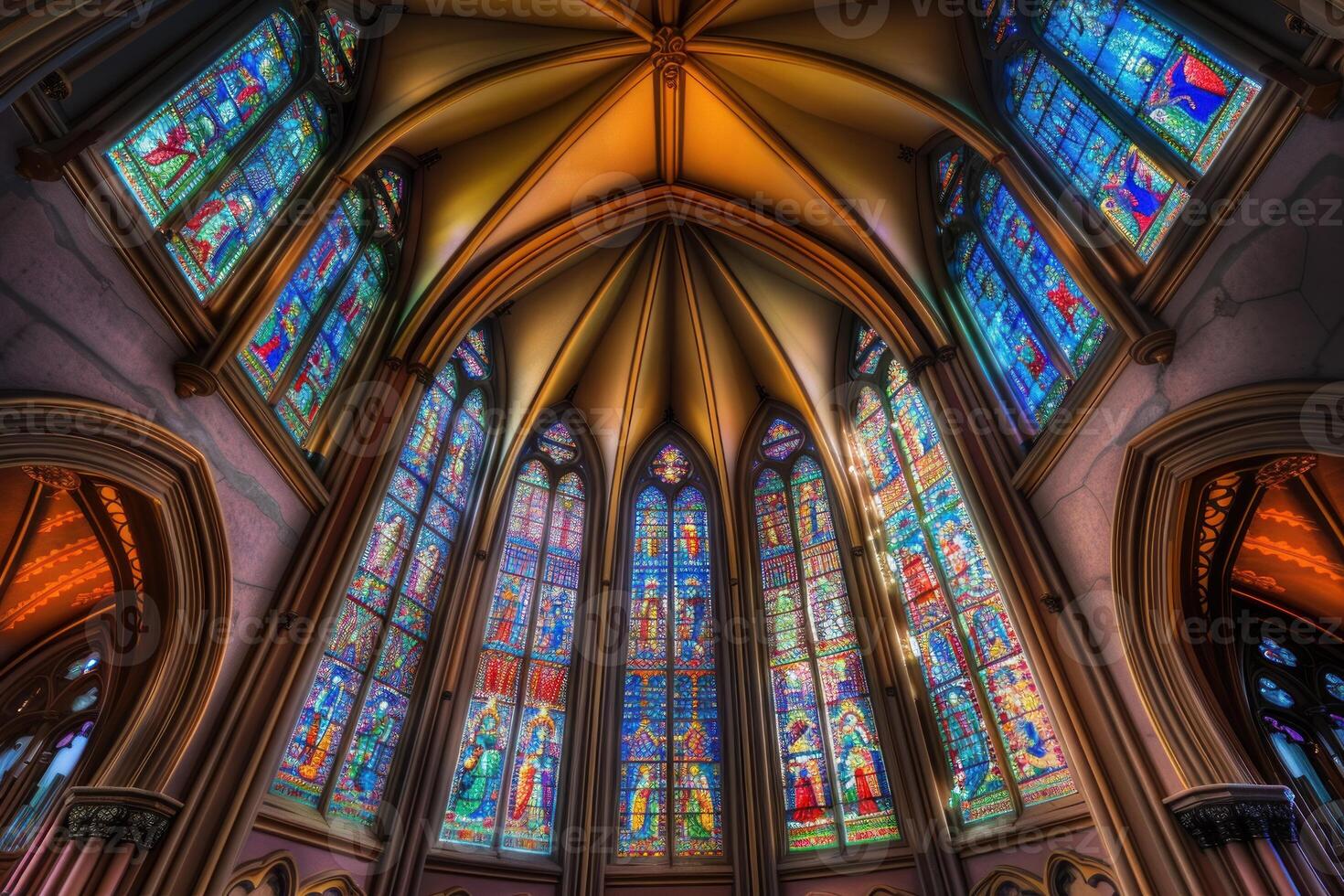 Majestic stained glass windows in cathedral interior photo