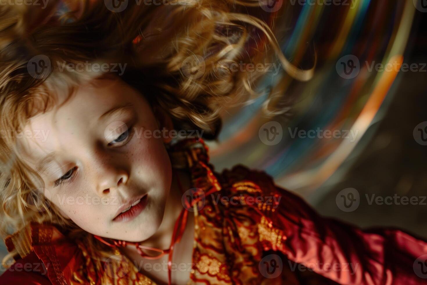 Young child with curly hair enjoys spinning, captured in a dynamic, blurry background photo
