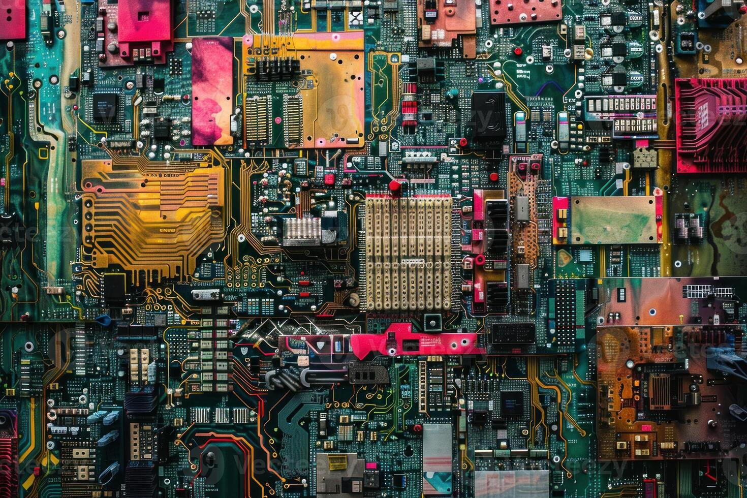 Highly detailed image of various interconnected electronic circuit boards photo