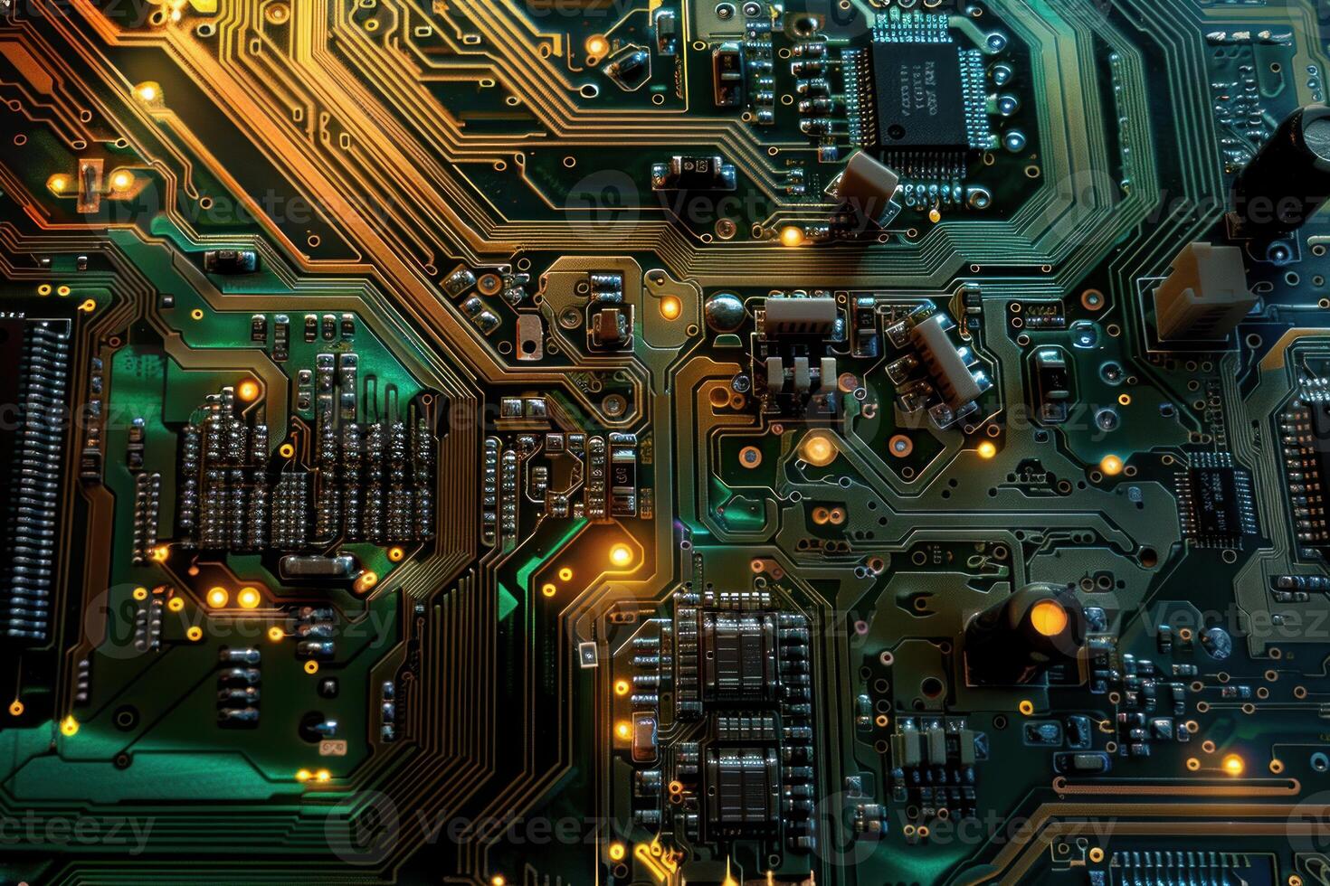 Futuristic circuit board with illuminated paths photo