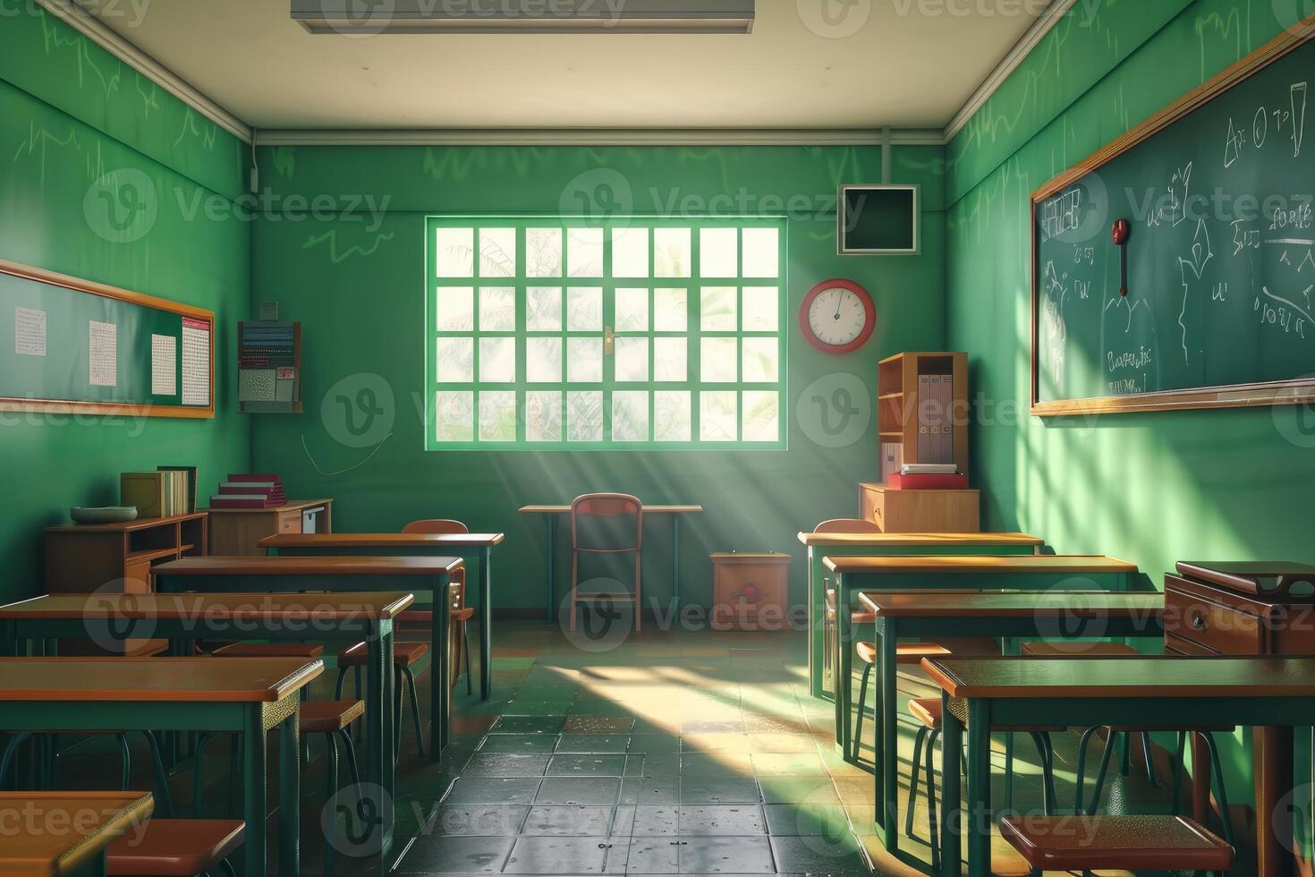 Tranquil sunlit classroom with chalkboard and desks photo