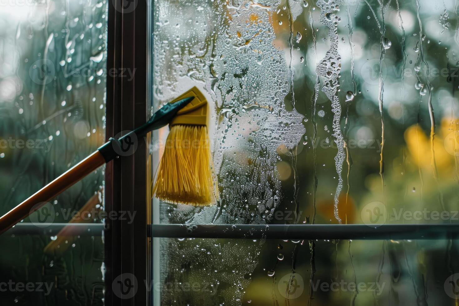 Window cleaning with brush and detergent foam photo