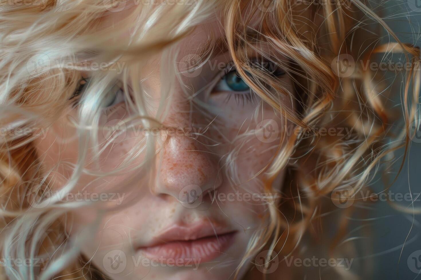 Intense gaze, closeup of woman with curly hair photo