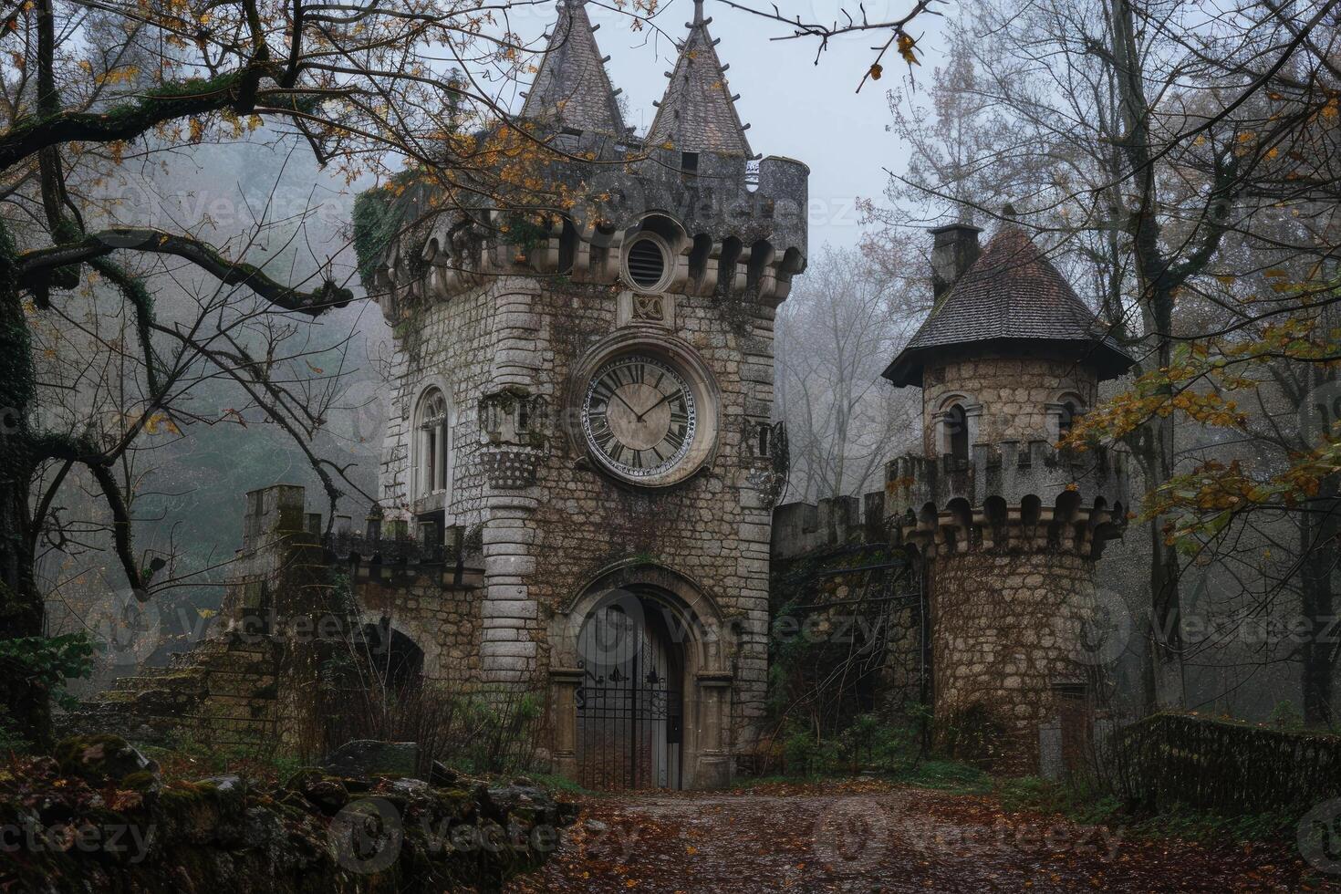 Enchanted forest castle in misty settings photo