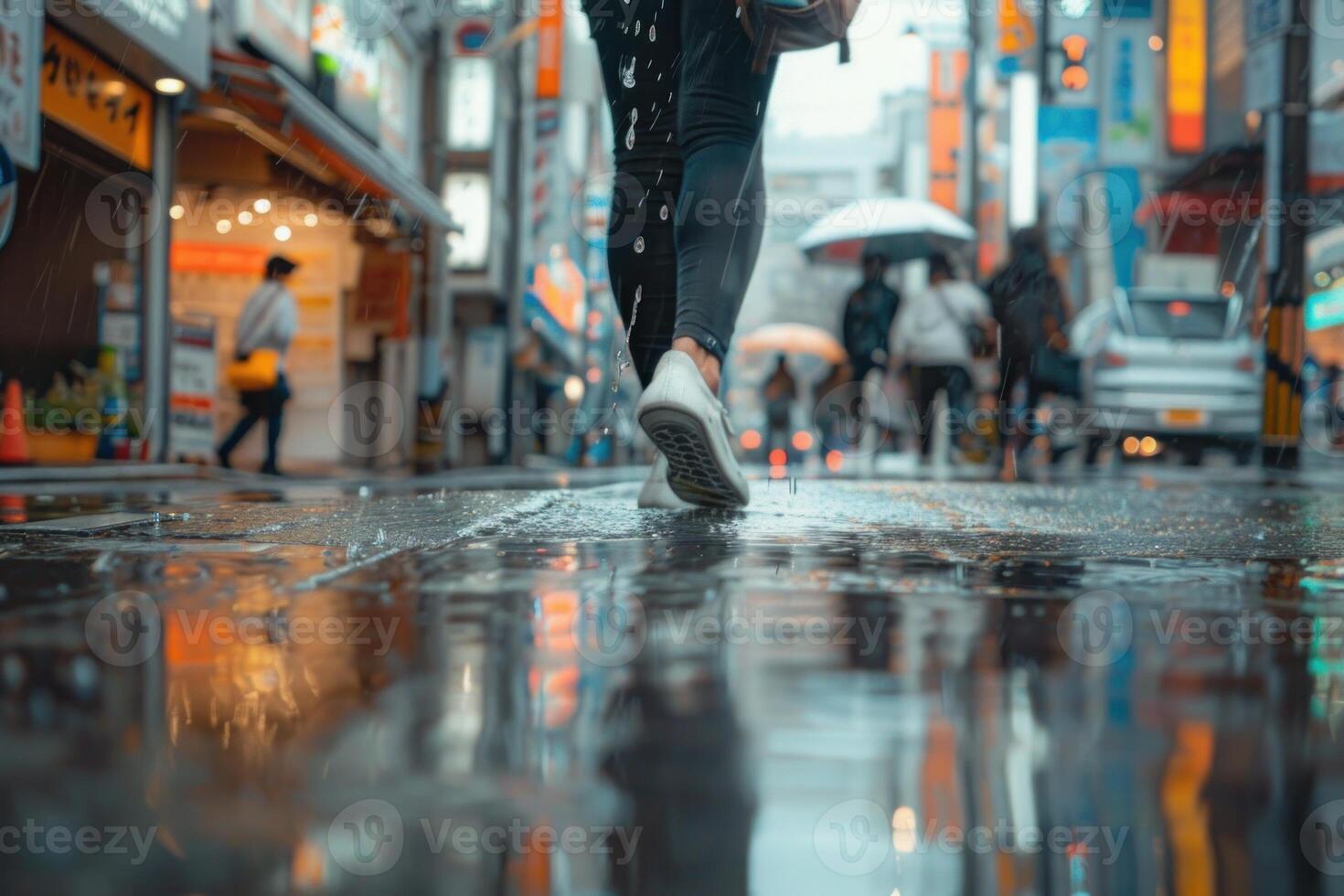 Closeup of person walking in city street puddles with umbrellas in background photo