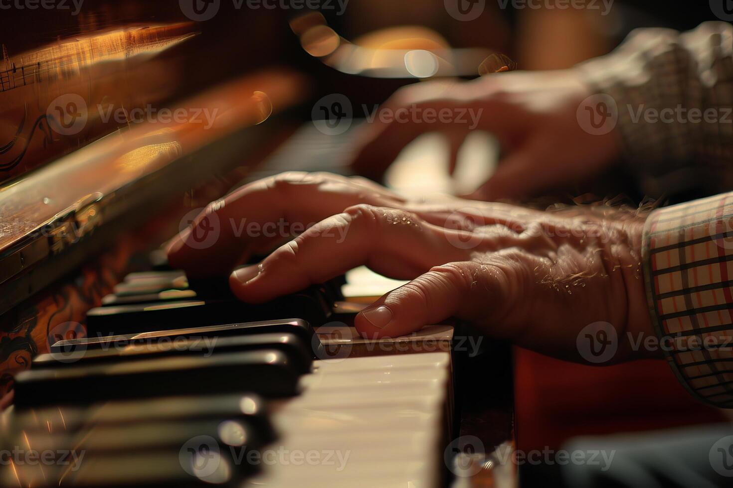 Elderly hands playing piano in warm light photo