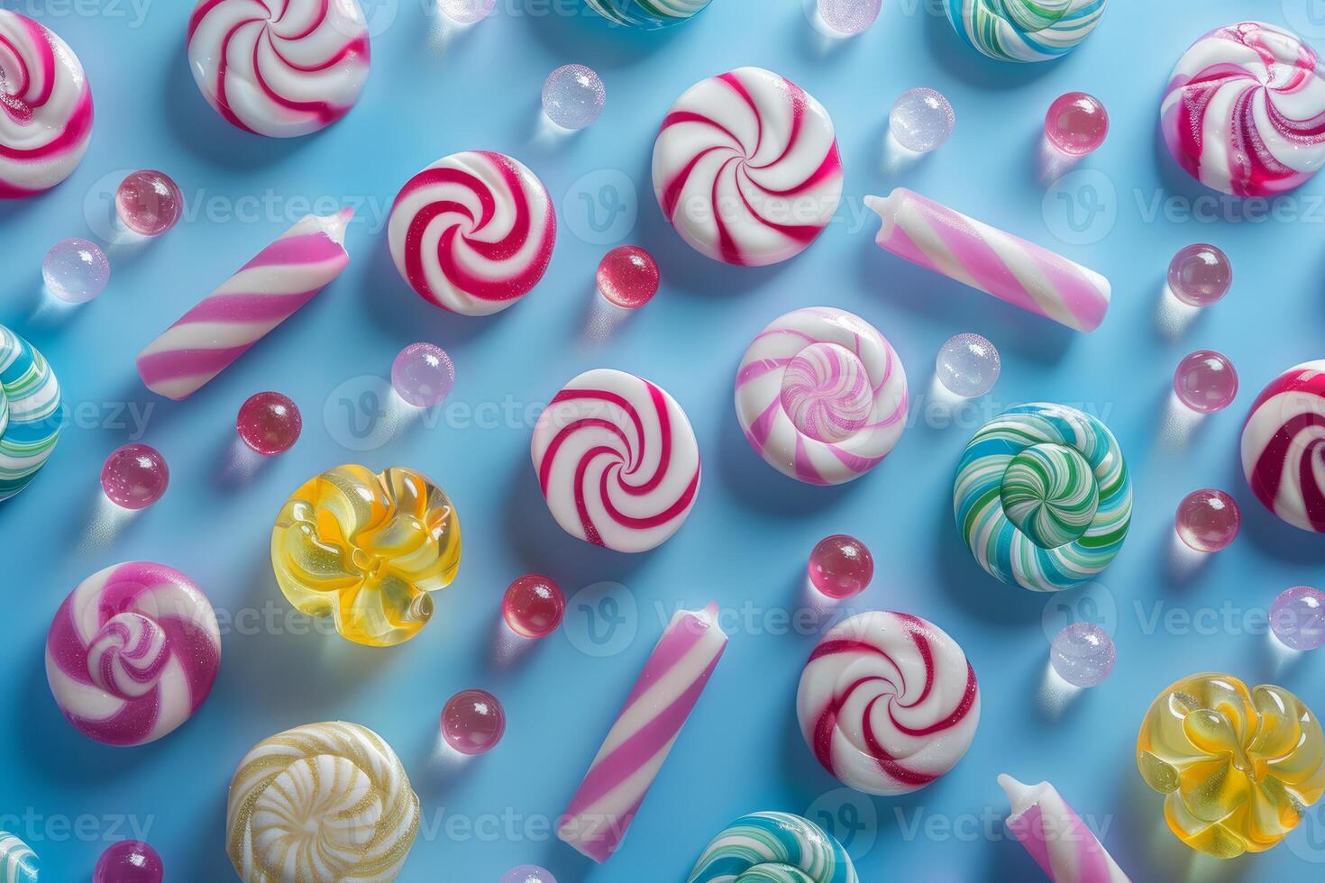 Assorted candy on blue background photo