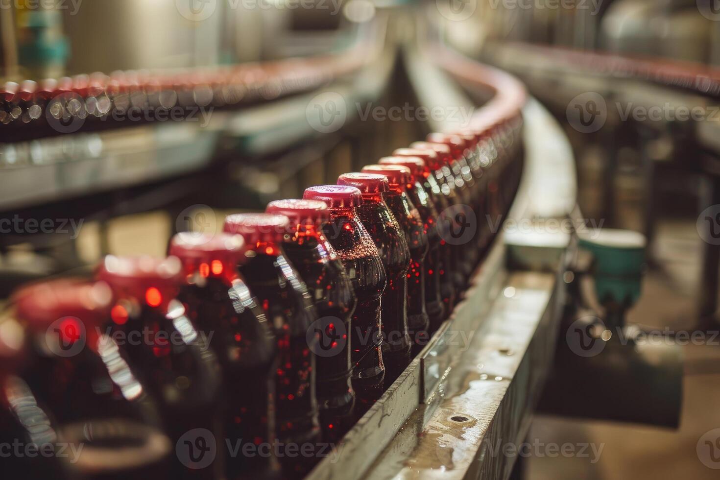 Conveyor belt with bottles at beverage factory photo