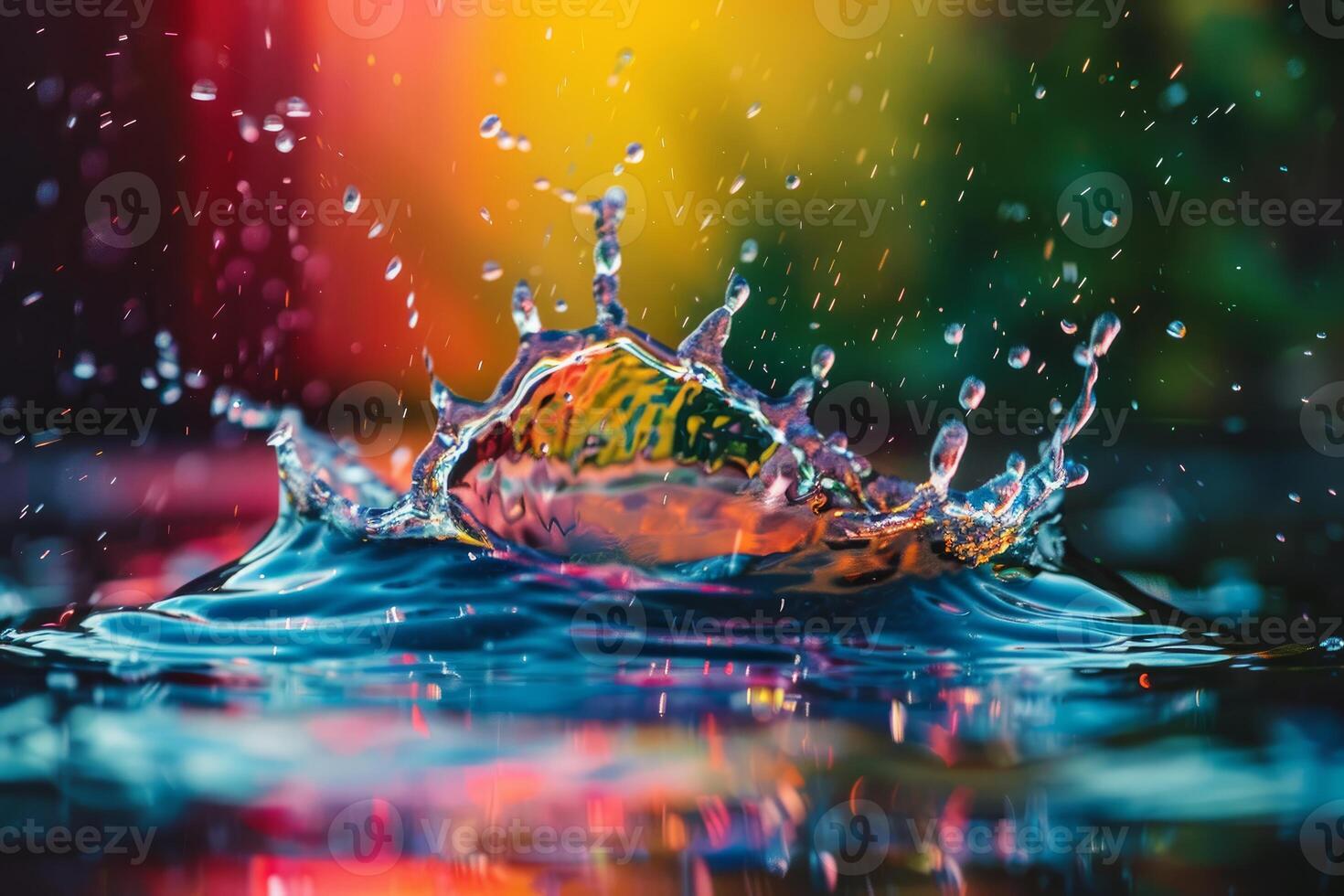 Rainbow splash, colorful water droplet impact photo