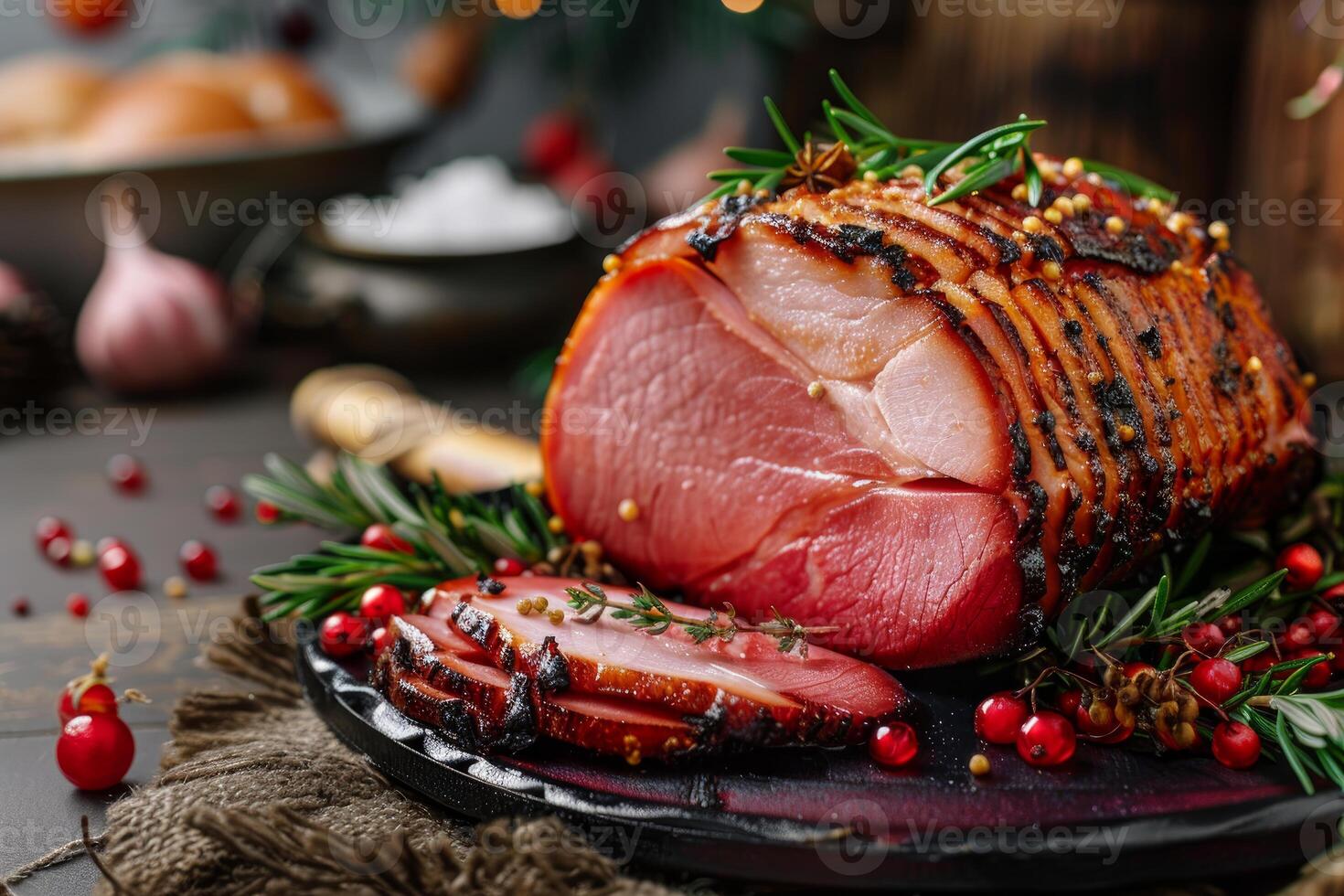 Festive holiday ham seasoned with herbs, berries, and spices on a rustic kitchen table photo