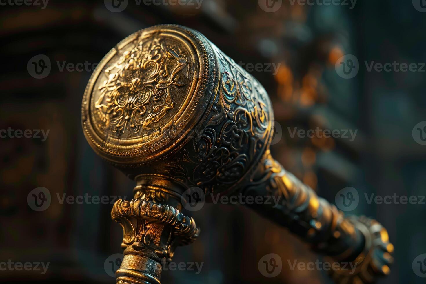 Detailed view of a vintage gavel with intricate designs, symbolizing authority and judgement photo