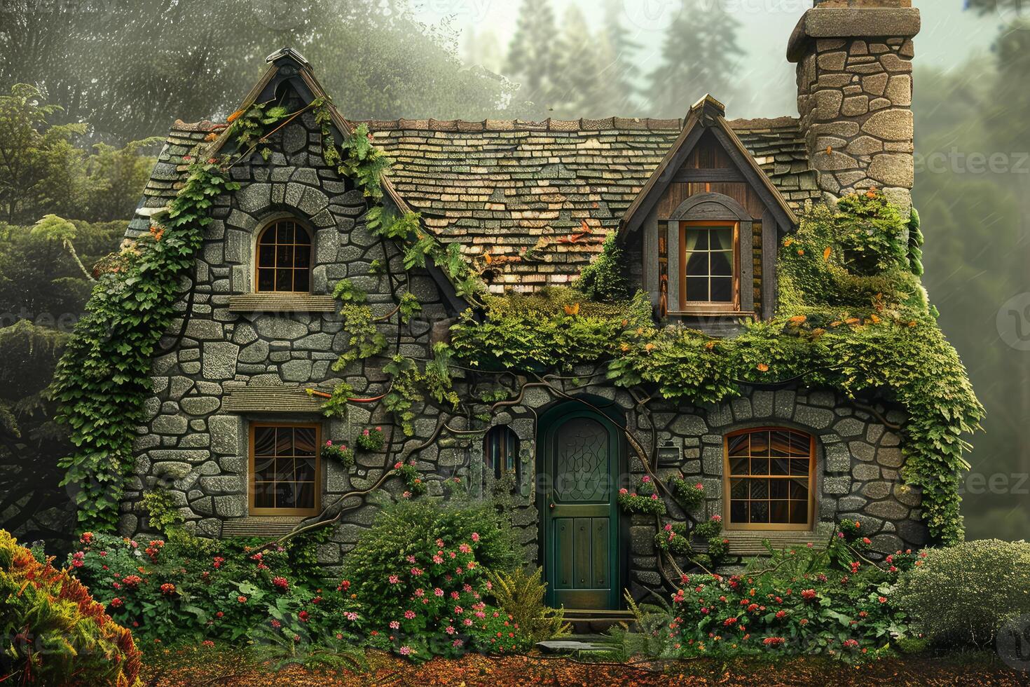 Enchanted stone cottage in misty forest photo