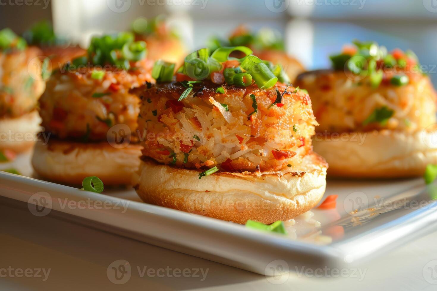 Gourmet crab cake sliders on plate photo