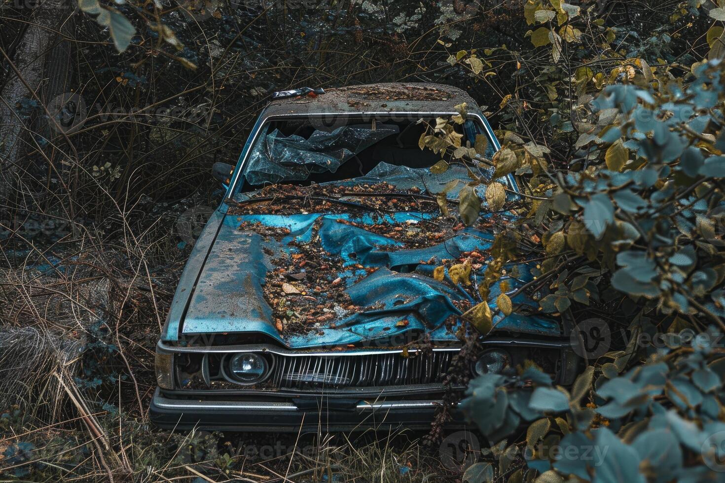 Abandoned car in overgrown forest photo