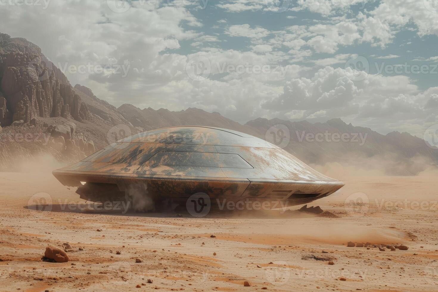 Realistic depiction of a spaceship landing in a dusty desert with mountains in the background photo
