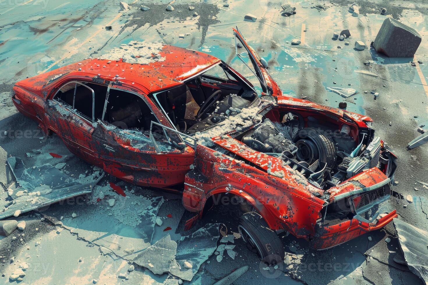 Wrecked car abandoned in desolate landscape photo