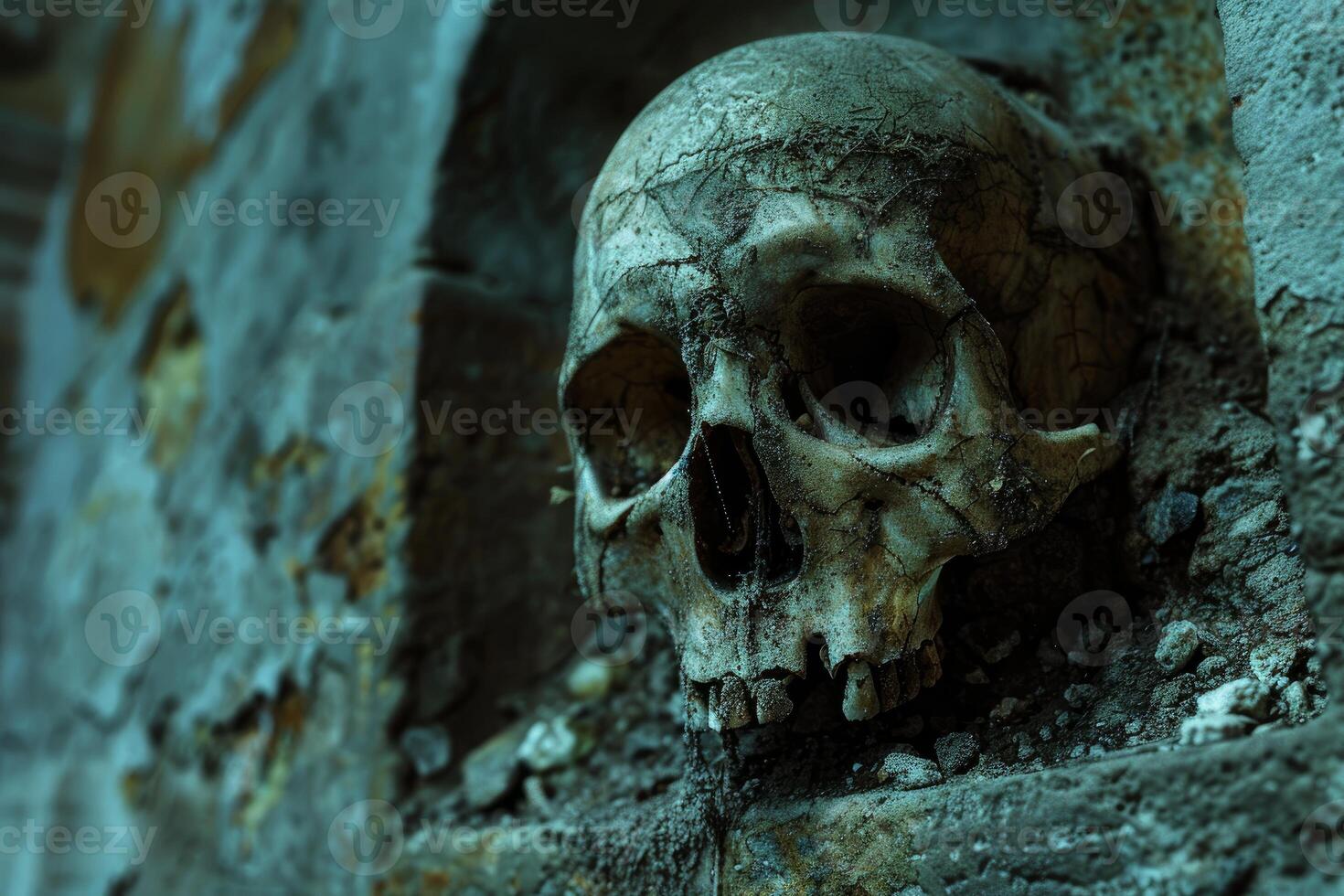 Ancient skull resting on stone surface photo