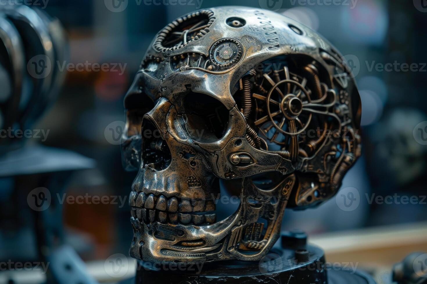 Steampunk style metallic skull sculpture photo