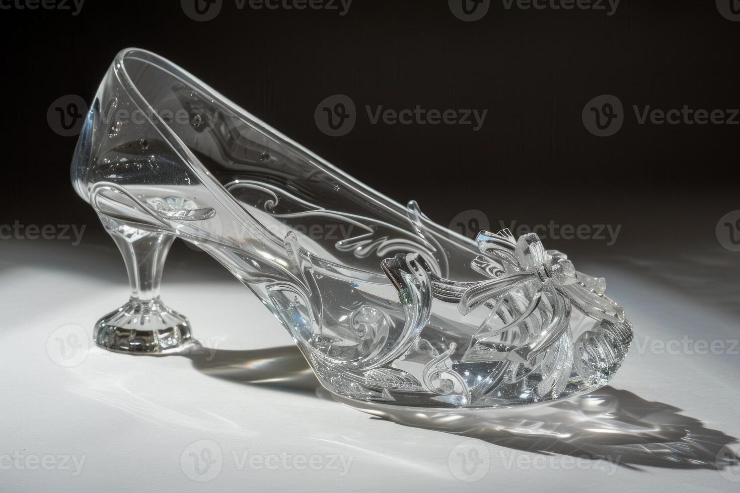 Elegant crystal glass slipper on dark background photo